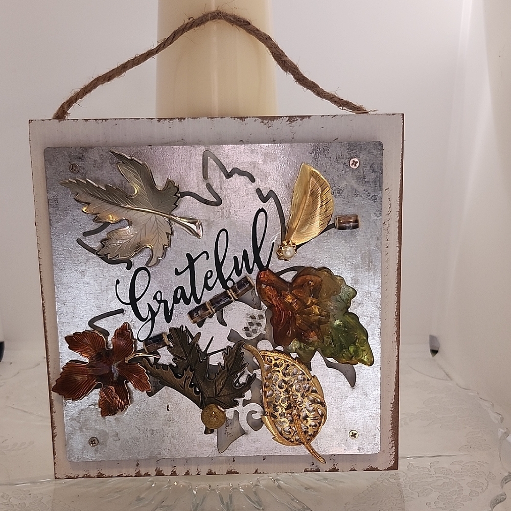Grateful Leaf Wall Hanging with Mixed Metal and Amber Accents Jewerly Art